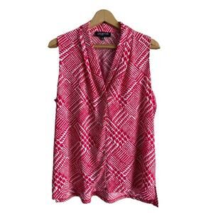 Jones New York Pink Plaid Sleeveless‎ V Neck Blouse Top Career